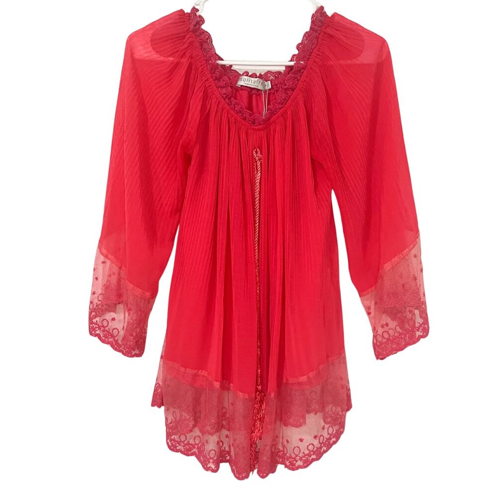 Solitaire Red Lace Boho Peasant Blouse Women’s Sz S Tunic 3/4 Sleeve Tassel Tie